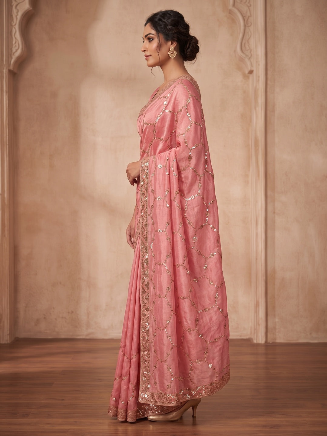 Peachmode Rose Pink Fendy Satin Sequins Embellished Saree - Image 4