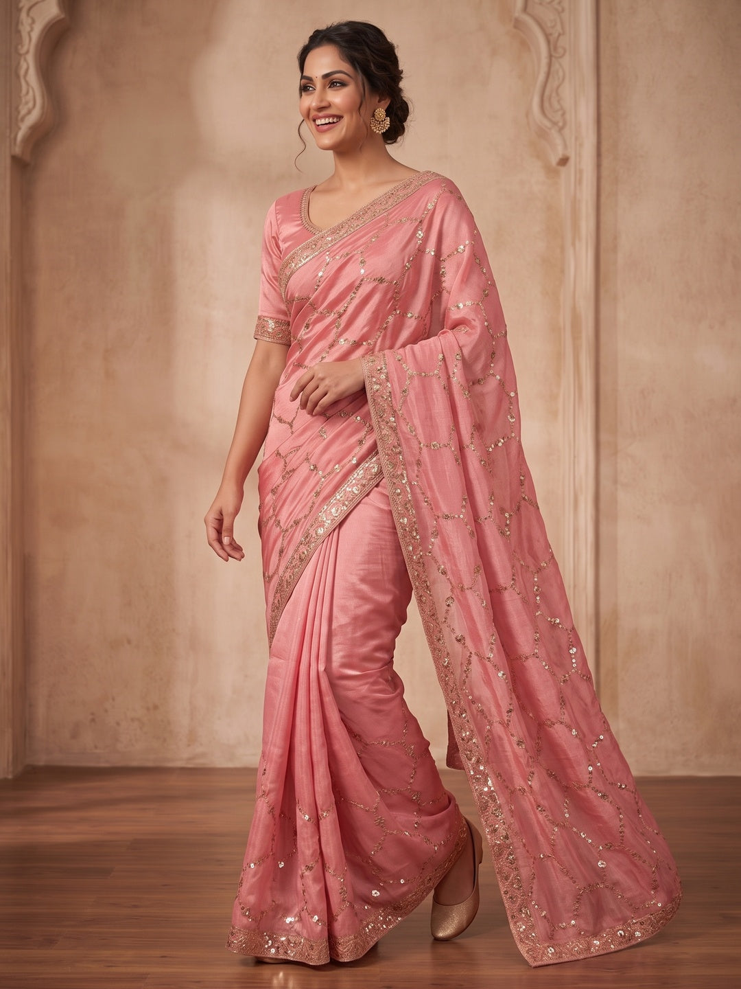 Peachmode Rose Pink Fendy Satin Sequins Embellished Saree - Image 5