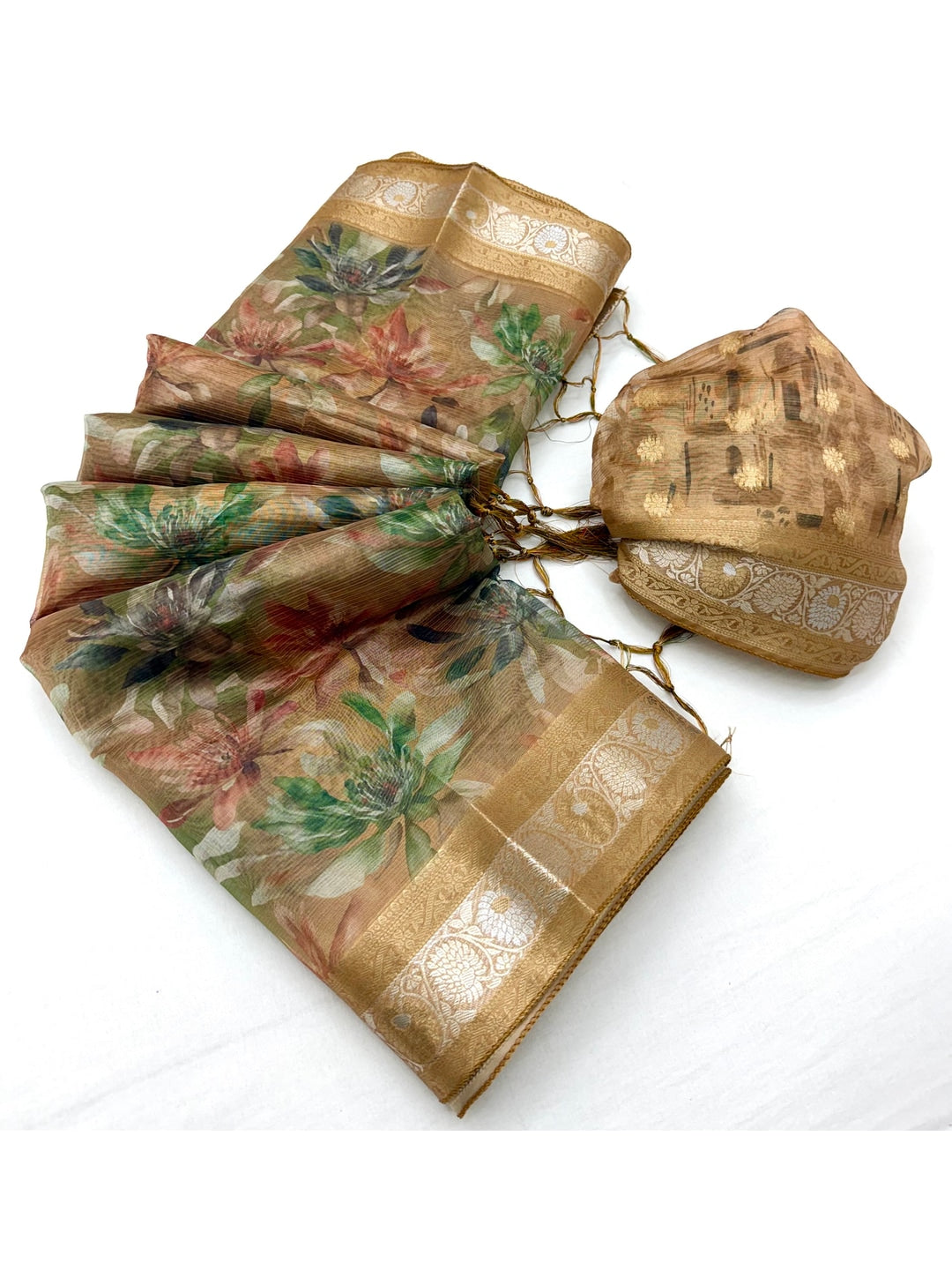 Peachmode Golden Beige Floral Printed Art Silk Saree - Image 2