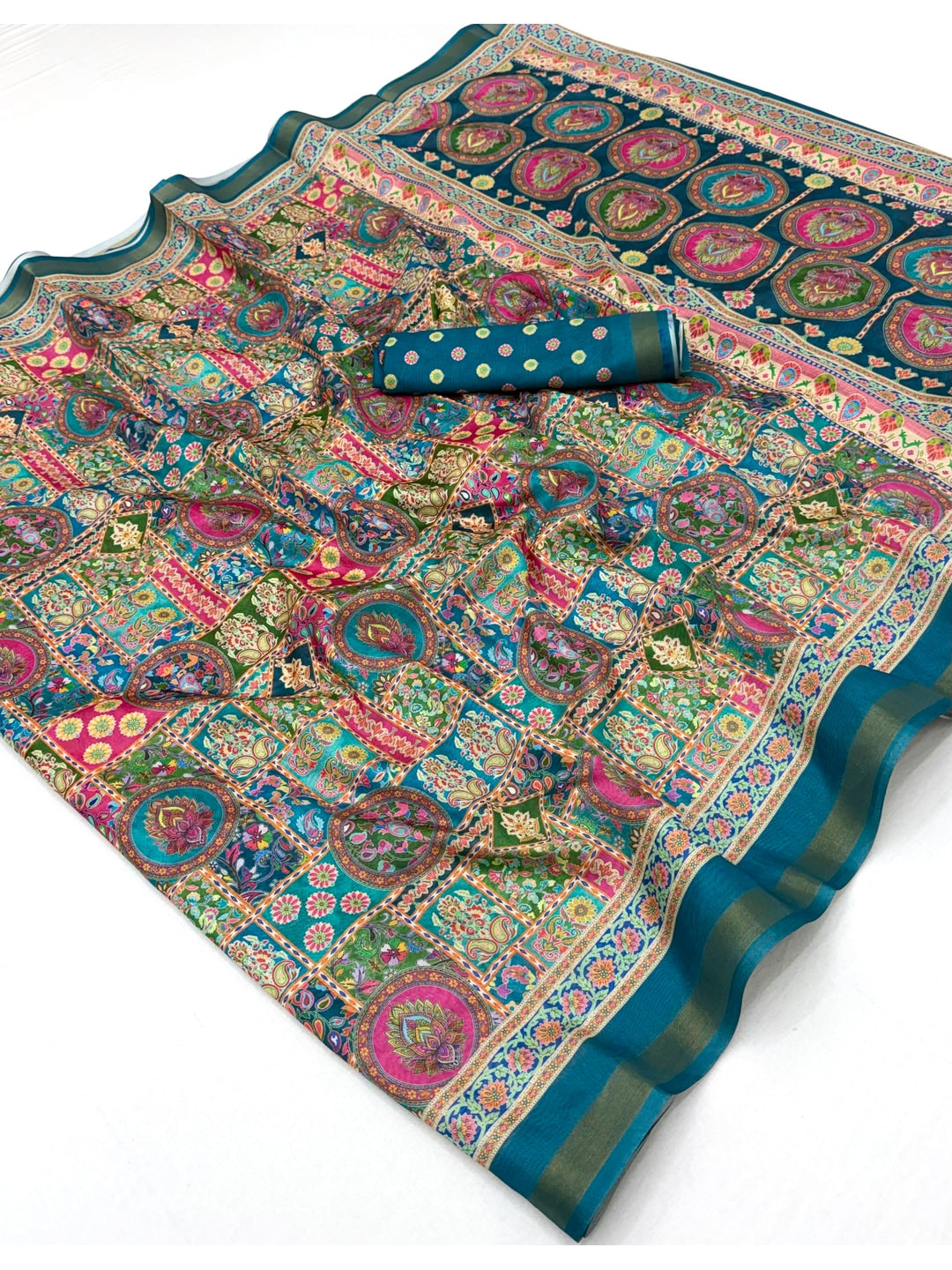 Peachmode Rama Blue Position Printed Dola Silk Saree - Image 2