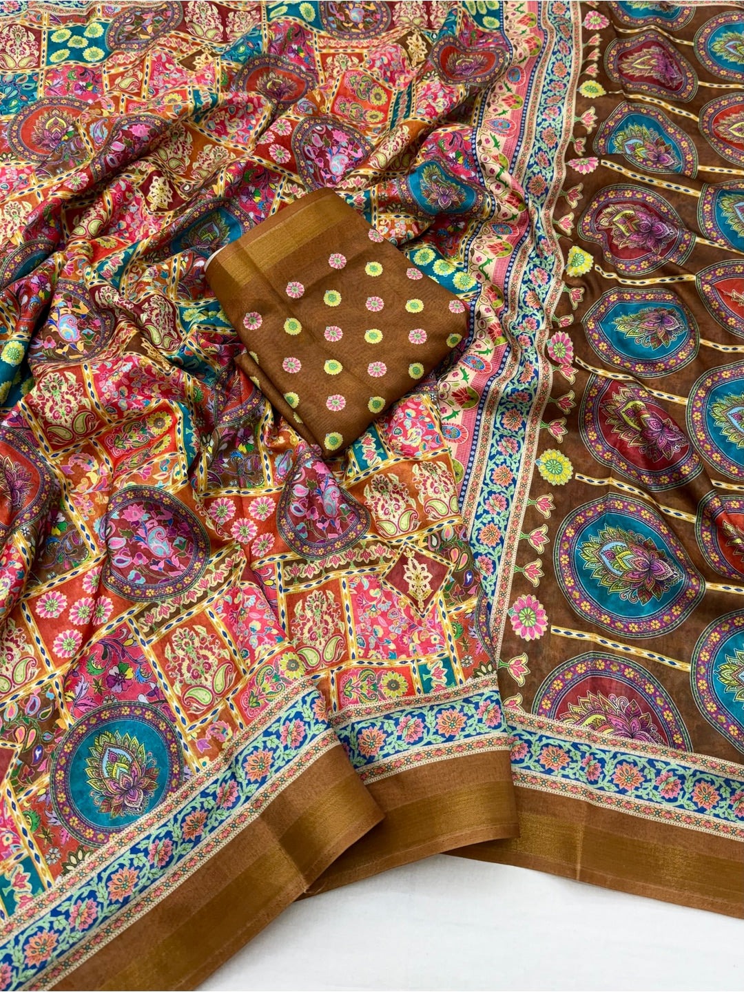 Peachmode Brown Position Printed Dola Silk Saree - Image 2