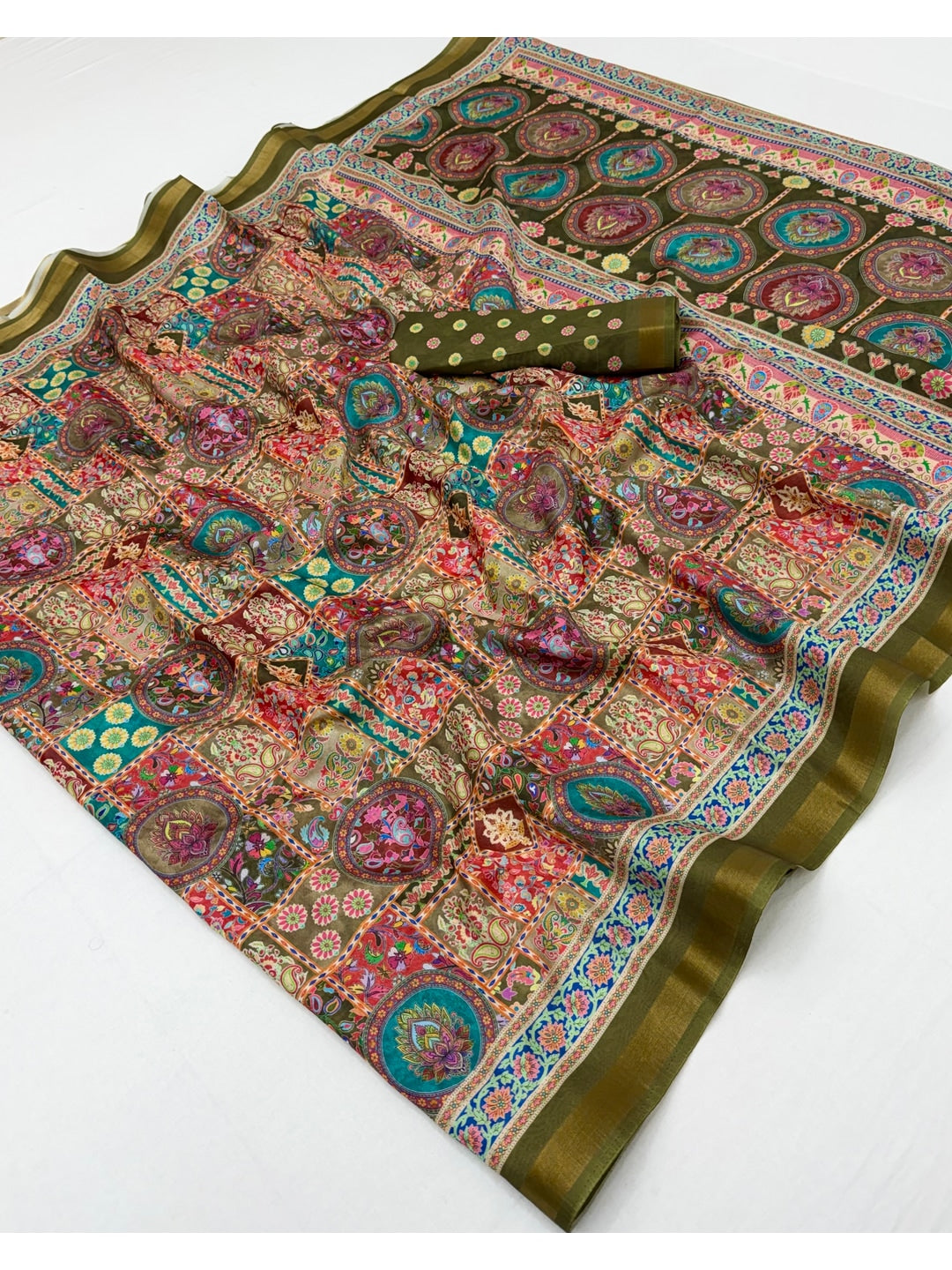 Peachmode Green Position Printed Dola Silk Saree - Image 2