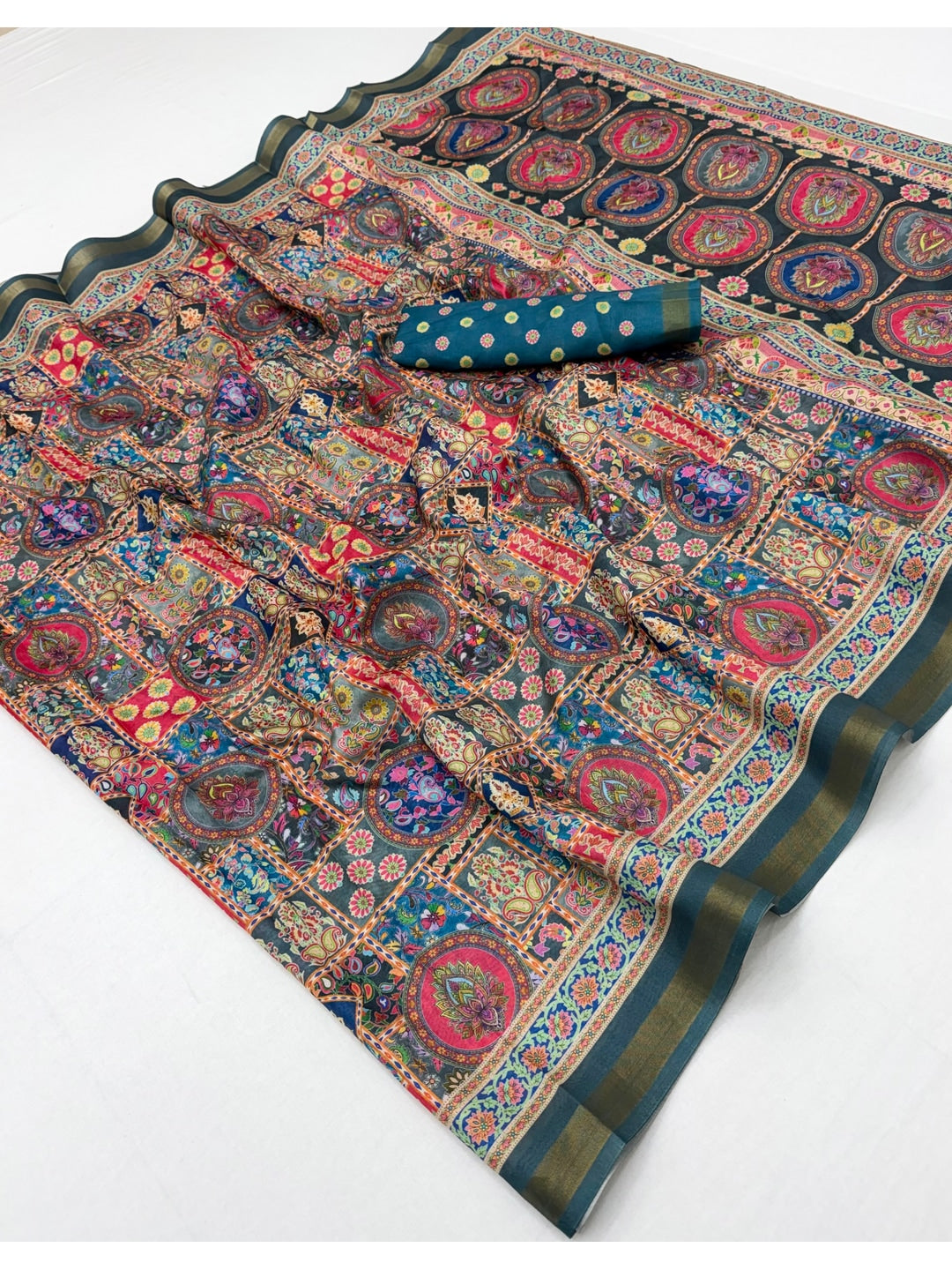 Peachmode Blue Position Printed Dola Silk Saree - Image 2
