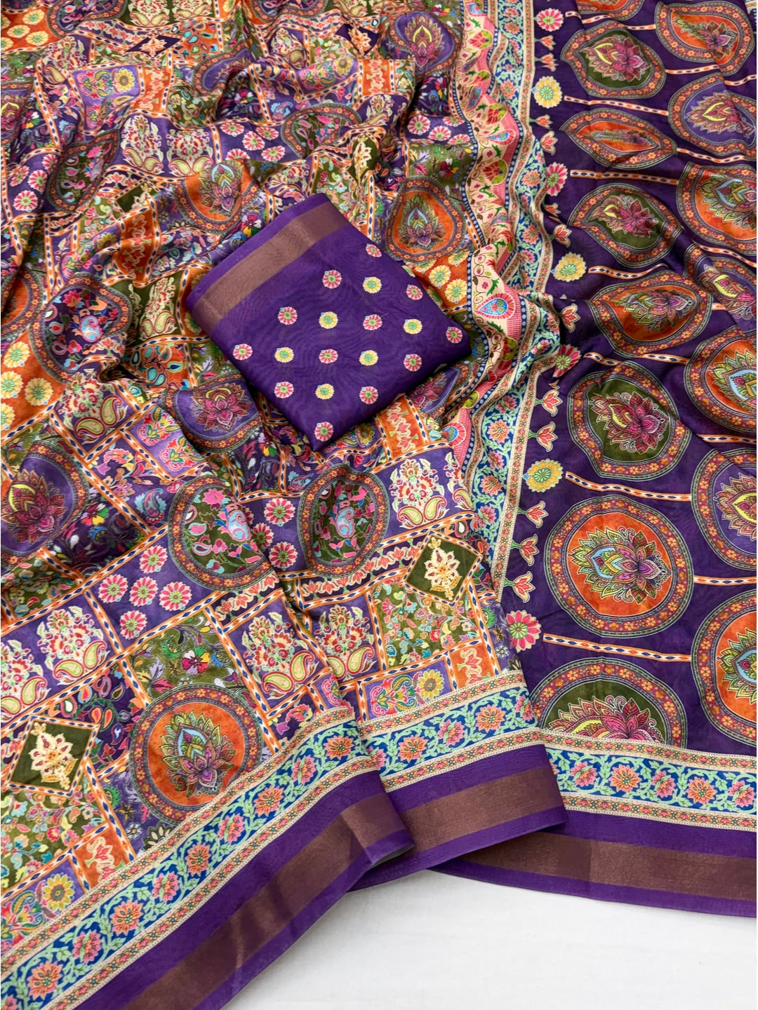 Peachmode Purple Position Printed Dola Silk Saree - Image 2