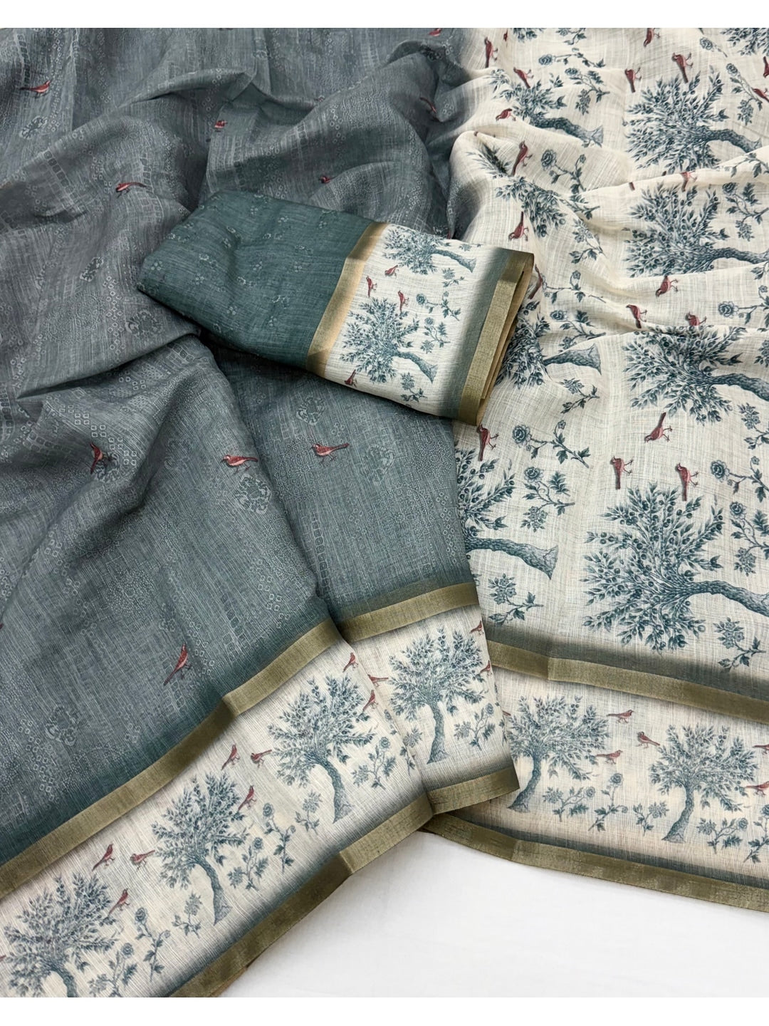 Peachmode Slate Blue Floral Printed Linen Blend Saree - Image 2