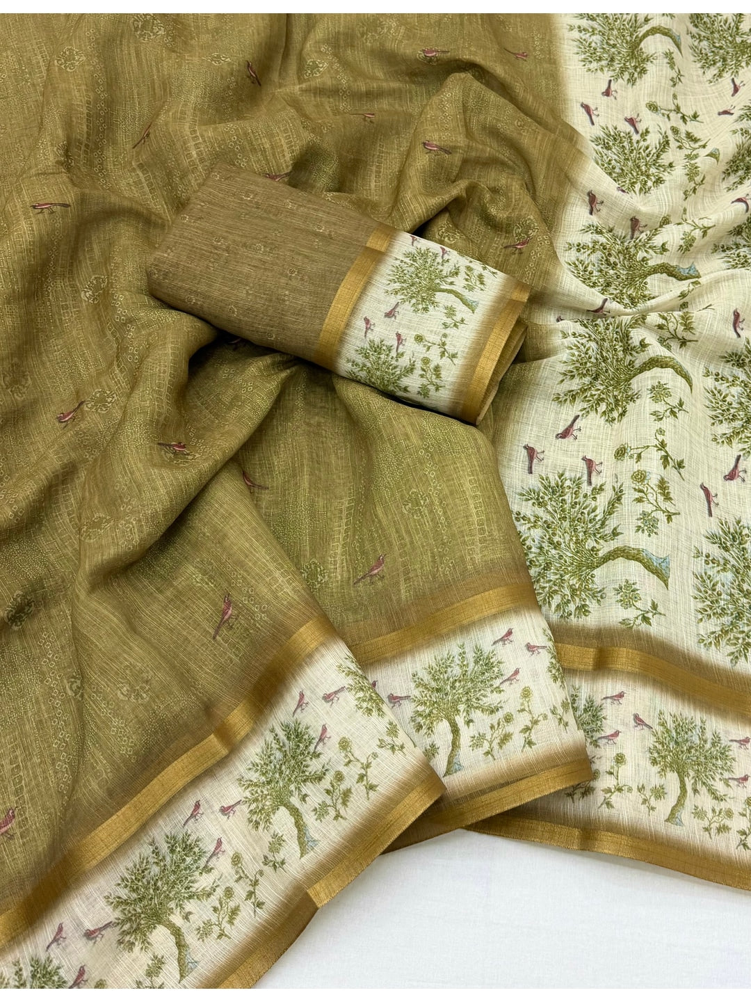 Peachmode Brown Floral Printed Linen Blend Saree - Image 2