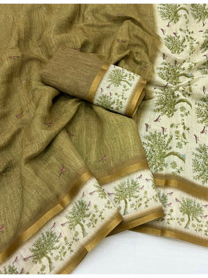Peachmode Brown Floral Printed Linen Blend Saree - Image 2