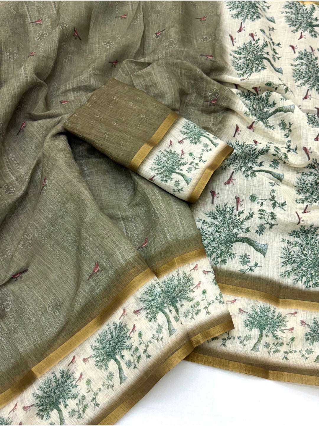 Peachmode Grey Floral Printed Linen Blend Saree - Image 2