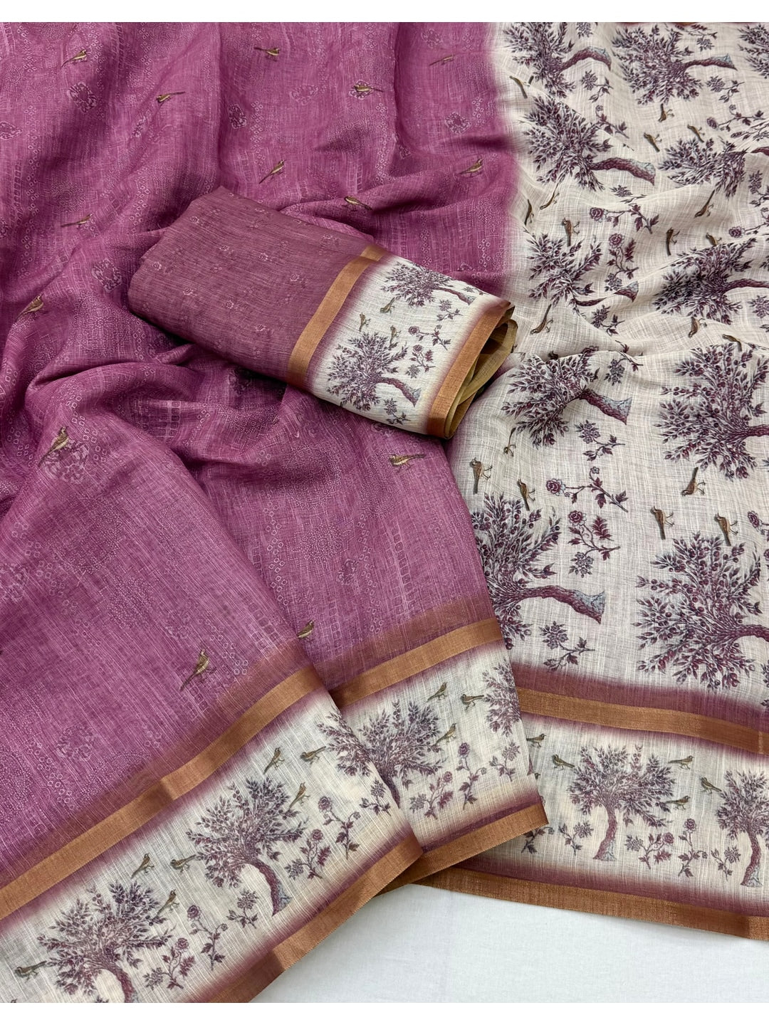 Peachmode Purple Floral Printed Linen Blend Saree - Image 2
