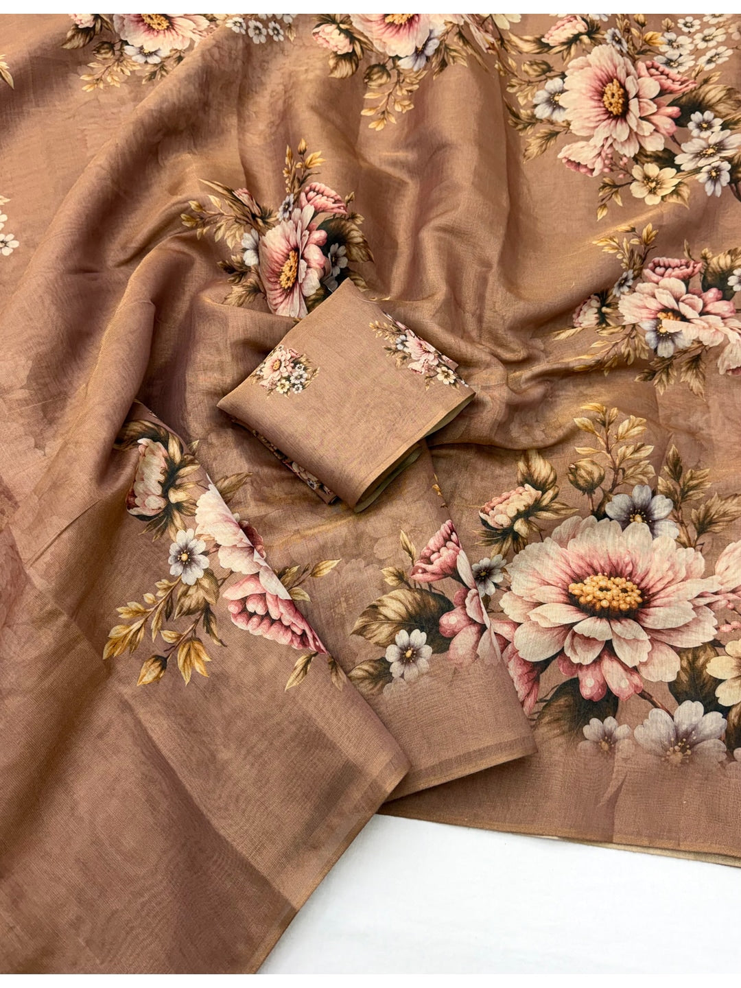 Peachmode Chikoo Floral Bouquet Printed Art Silk Saree - Image 2
