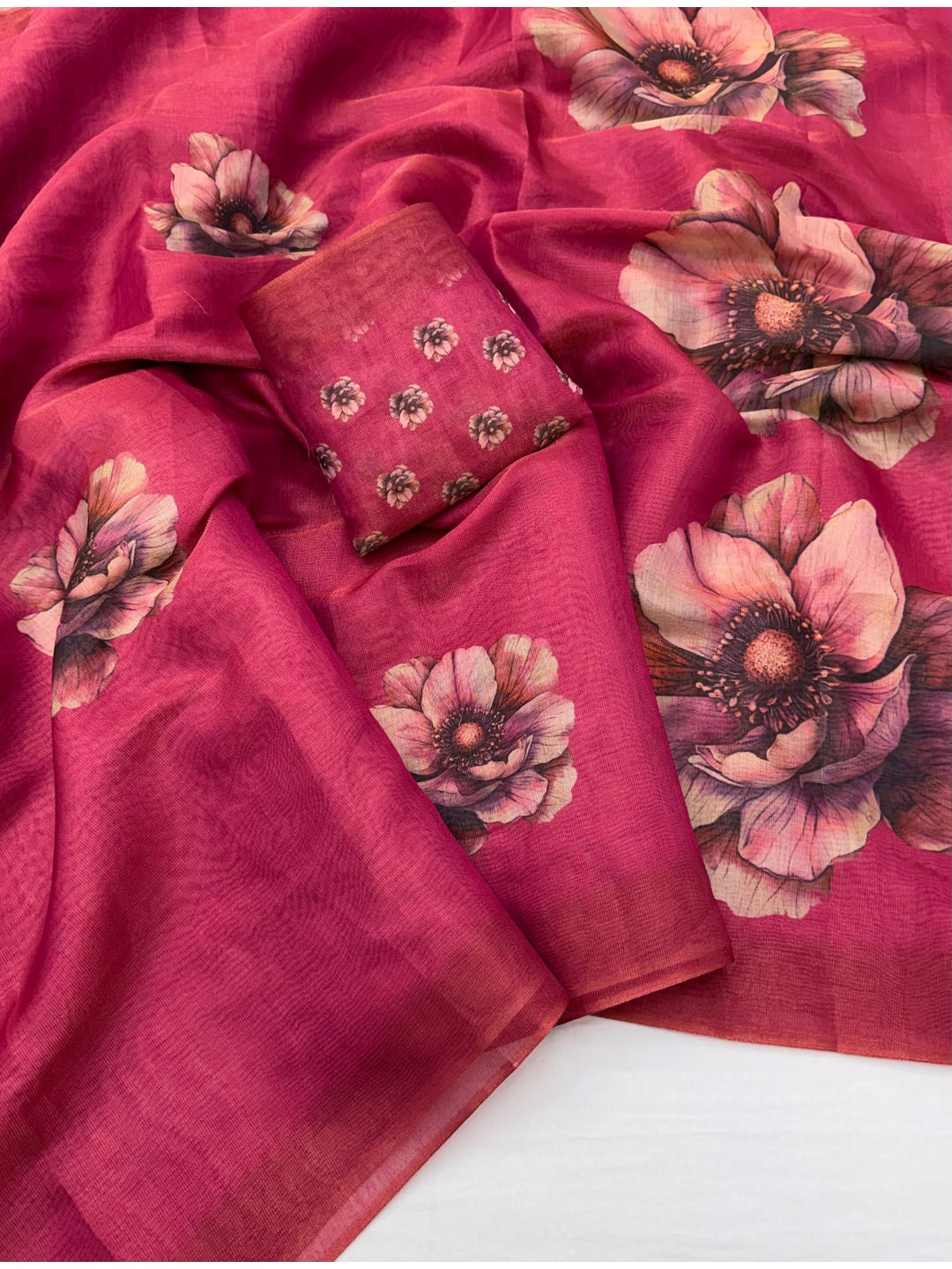 Peachmode Magenta Floral Printed Art Silk Saree - Image 2