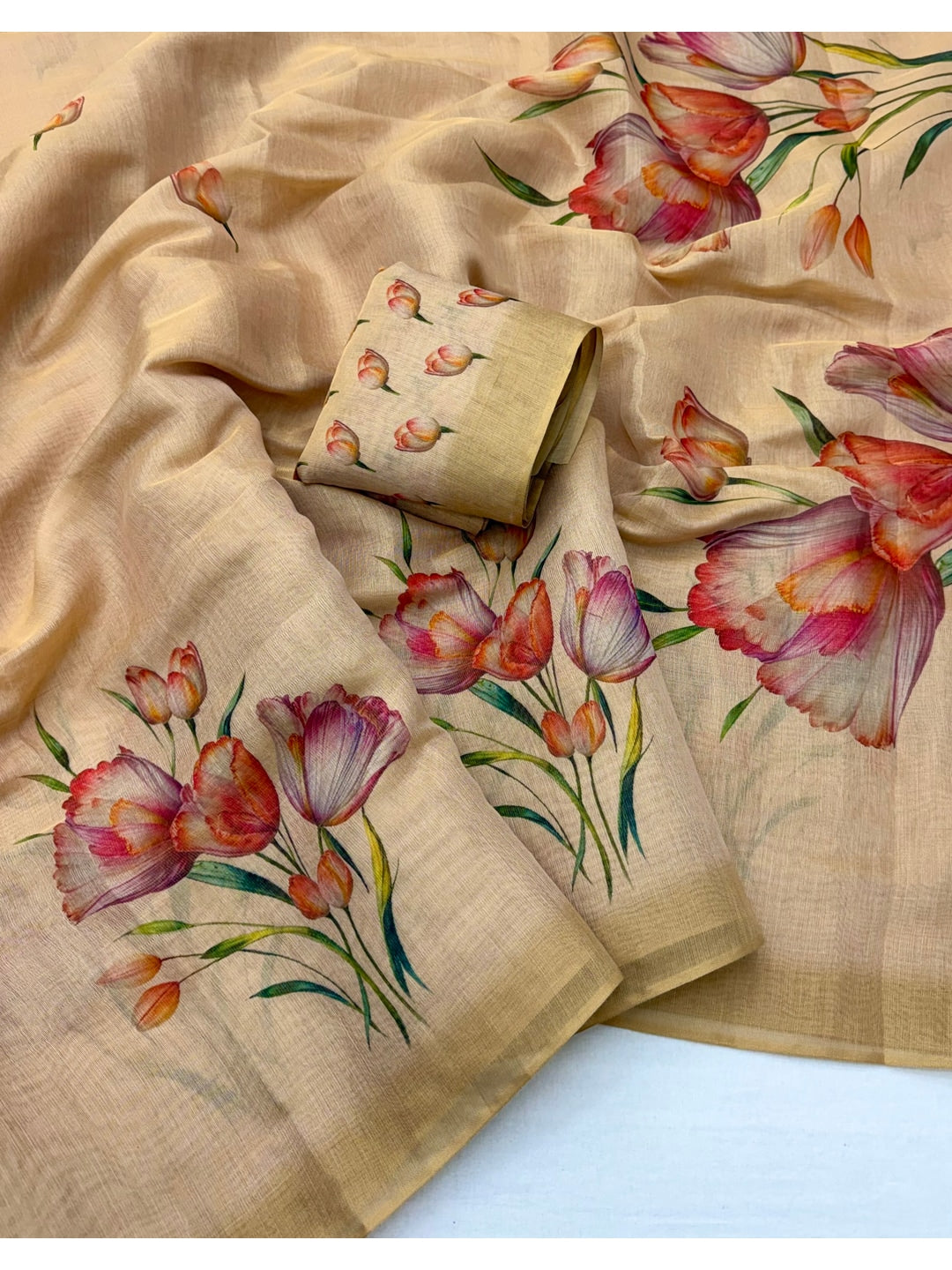 Peachmode Chikoo Watercolour Floral Printed Art Silk Saree - Image 2