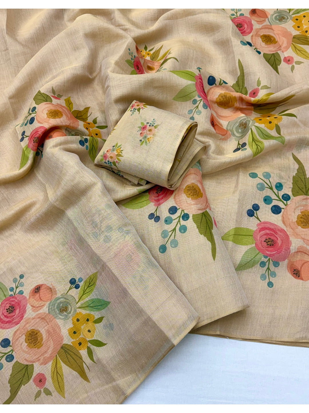Peachmode Chikoo Botanical Floral Printed Art Silk Saree - Image 3