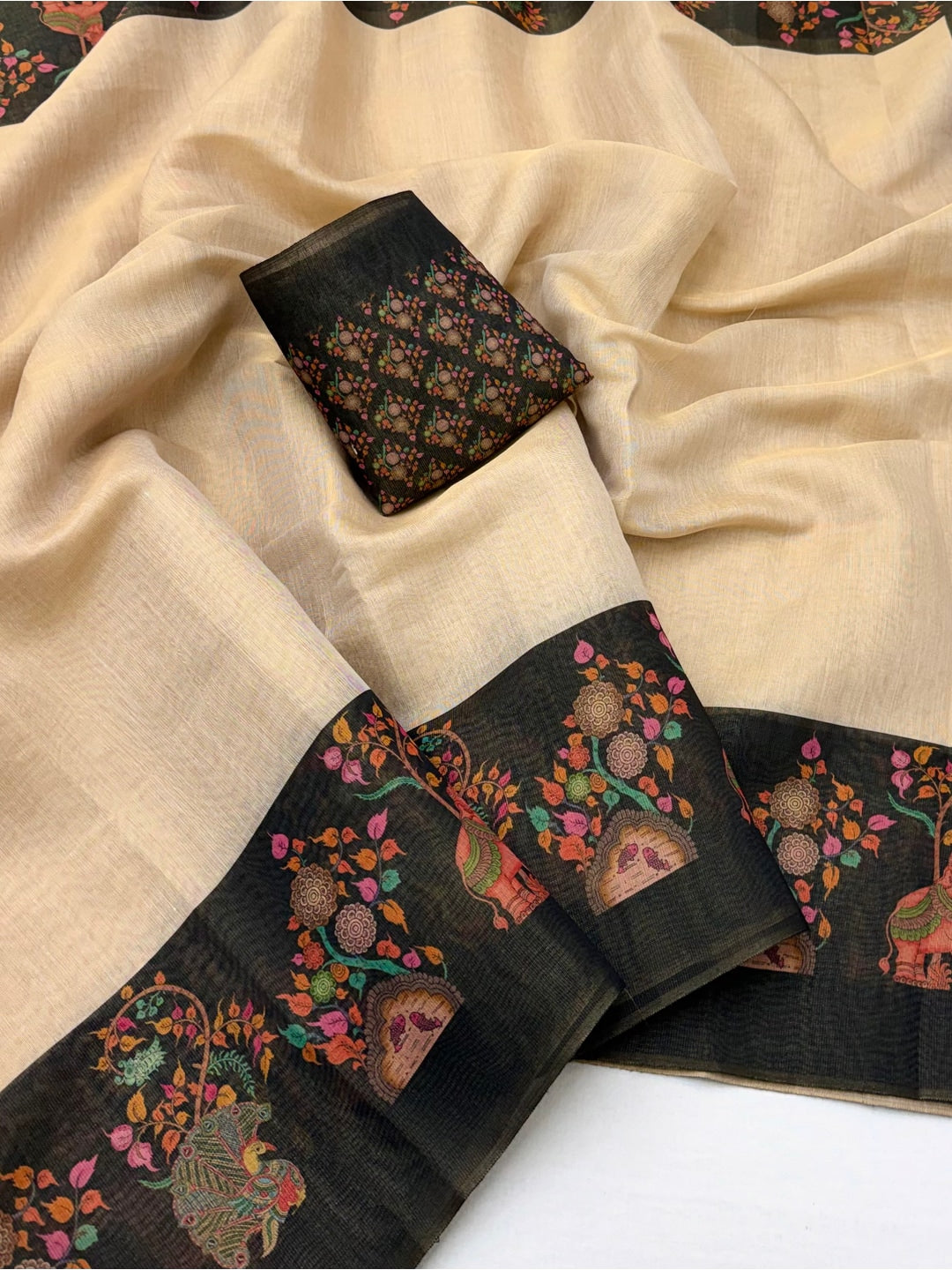 Peachmode Chikoo Black Border Printed Art Silk Saree - Image 2