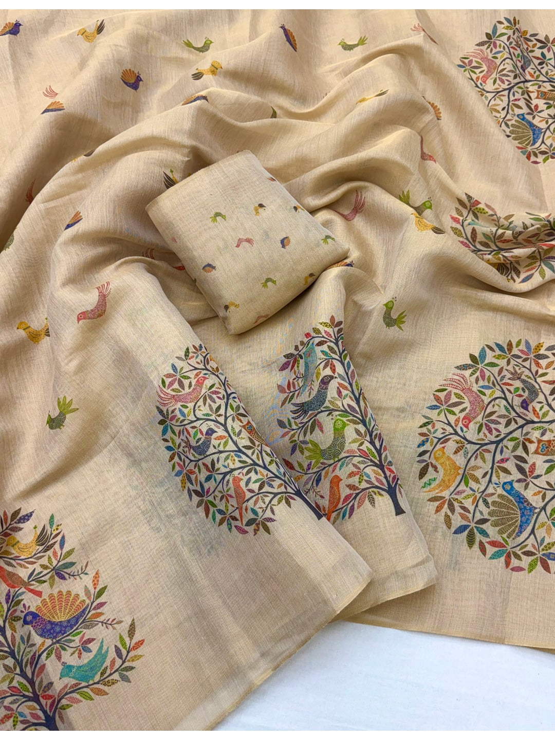 Peachmode Chikoo Multicolor Botanical Printed Art Silk Saree - Image 2