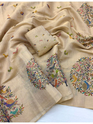 Peachmode Chikoo Multicolor Botanical Printed Art Silk Saree - Image 2