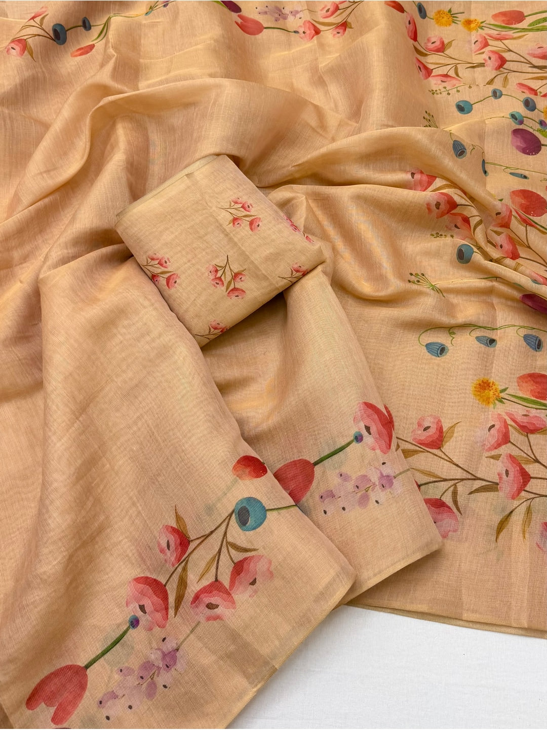 Peachmode Chikoo Peach Floral Printed Art Silk Saree - Image 2