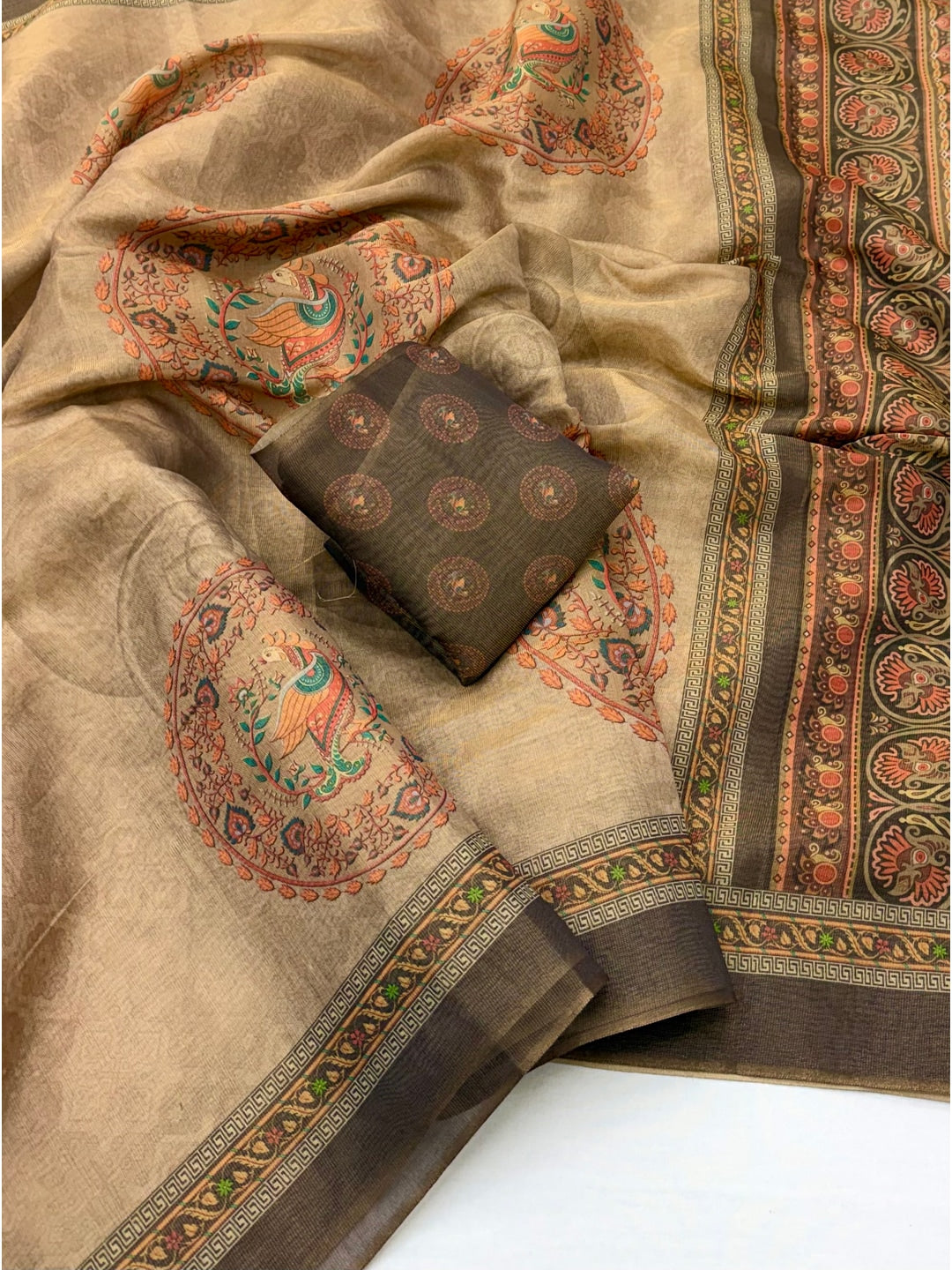 Peachmode Chikoo Paisley Medallion Printed Art Silk Saree - Image 2