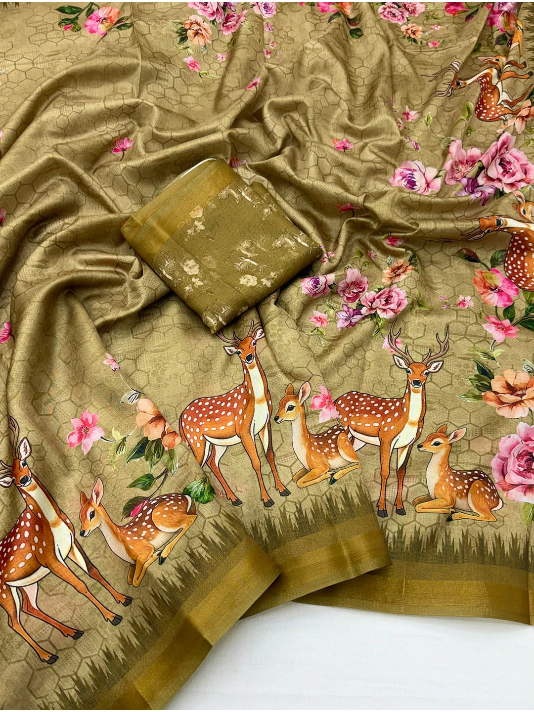 Peachmode Light Khaki Deer Floral Printed Dola Silk Saree - Image 2