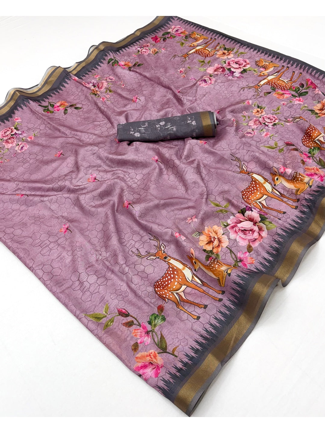 Peachmode Purple Deer Floral Printed Dola Silk Saree - Image 2