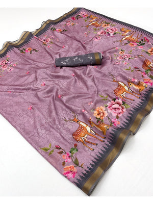 Peachmode Purple Deer Floral Printed Dola Silk Saree - Image 2