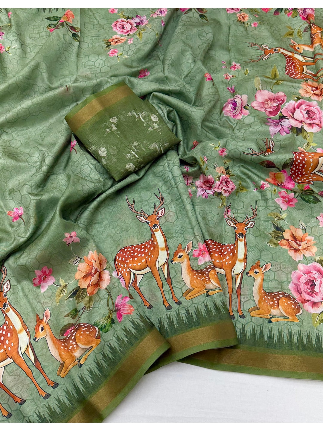 Peachmode Green Deer Floral Printed Dola Silk Saree - Image 2