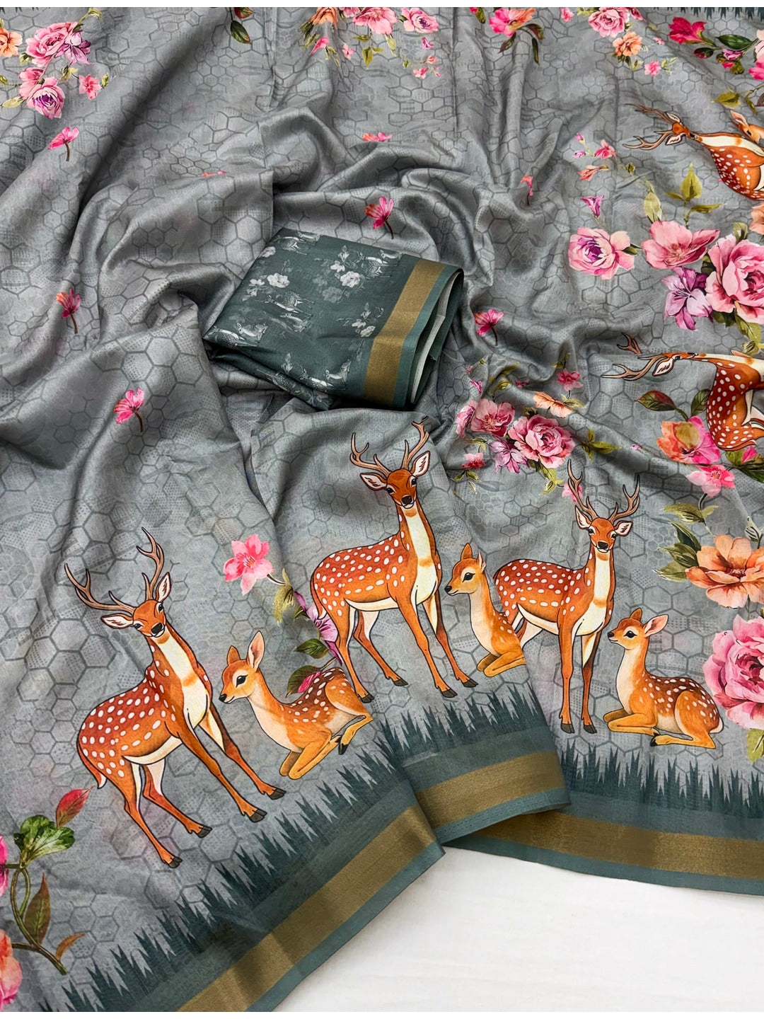Peachmode Blue Deer Floral Printed Dola Silk Saree - Image 2