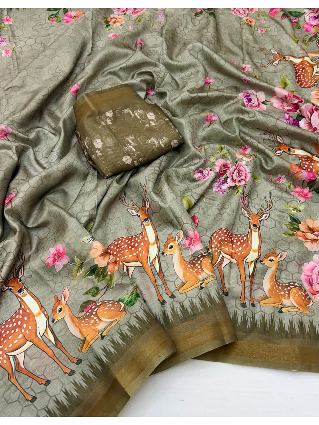 Peachmode Grey Deer Floral Printed Dola Silk Saree - Image 2