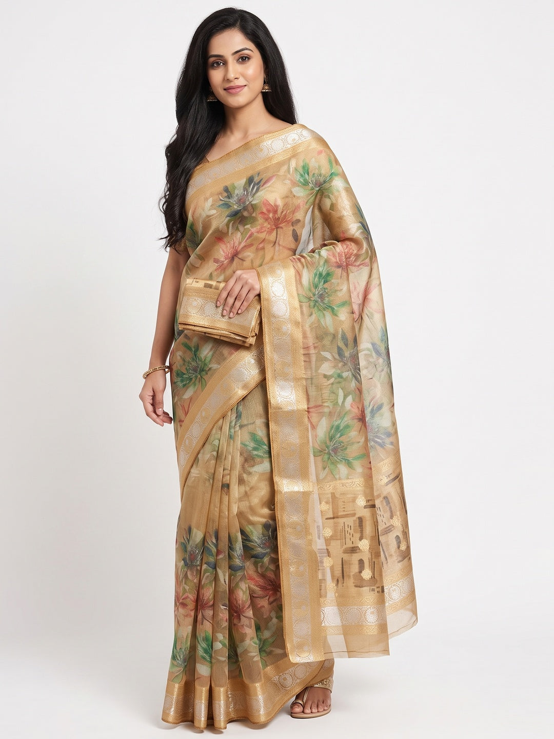 Peachmode Golden Beige Floral Printed Art Silk Saree - Image 1