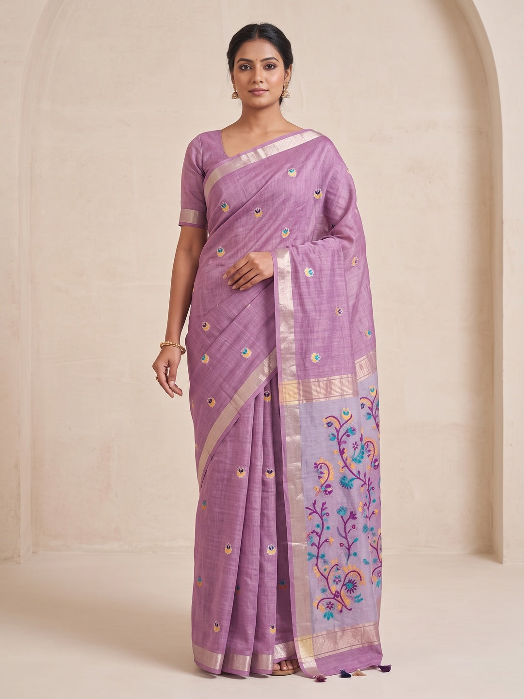 Peachmode Mauve Cotton Blend Jamdani Woven Saree - Image 1