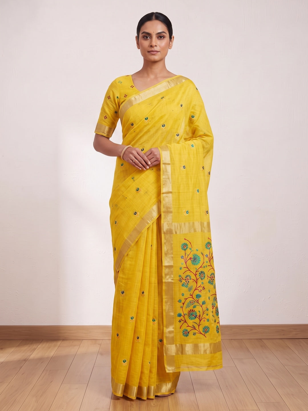 Peachmode Yellow Cotton Blend Jamdani Woven Saree - Image 1