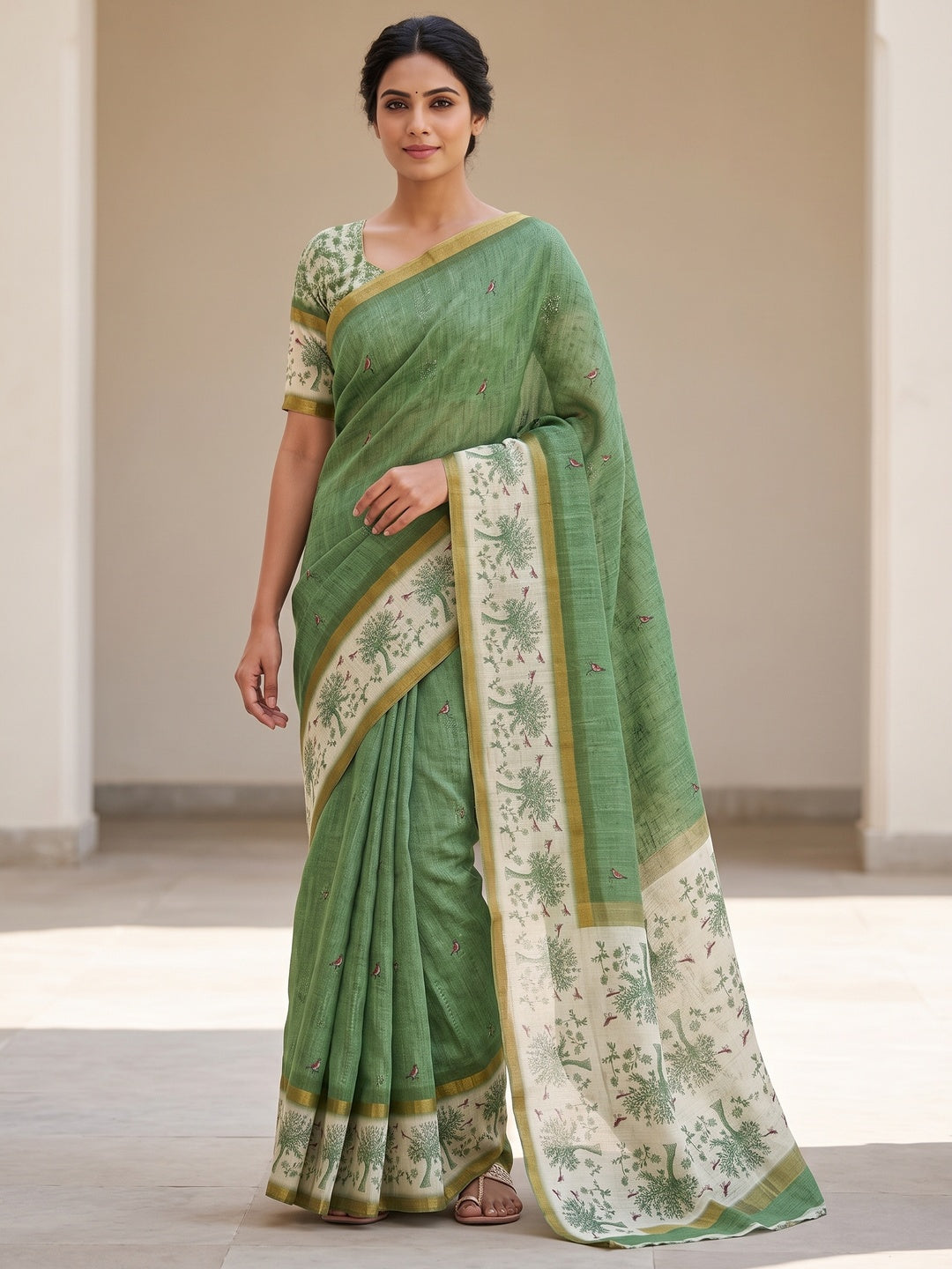 Peachmode Green Floral Printed Linen Blend Saree - Image 1