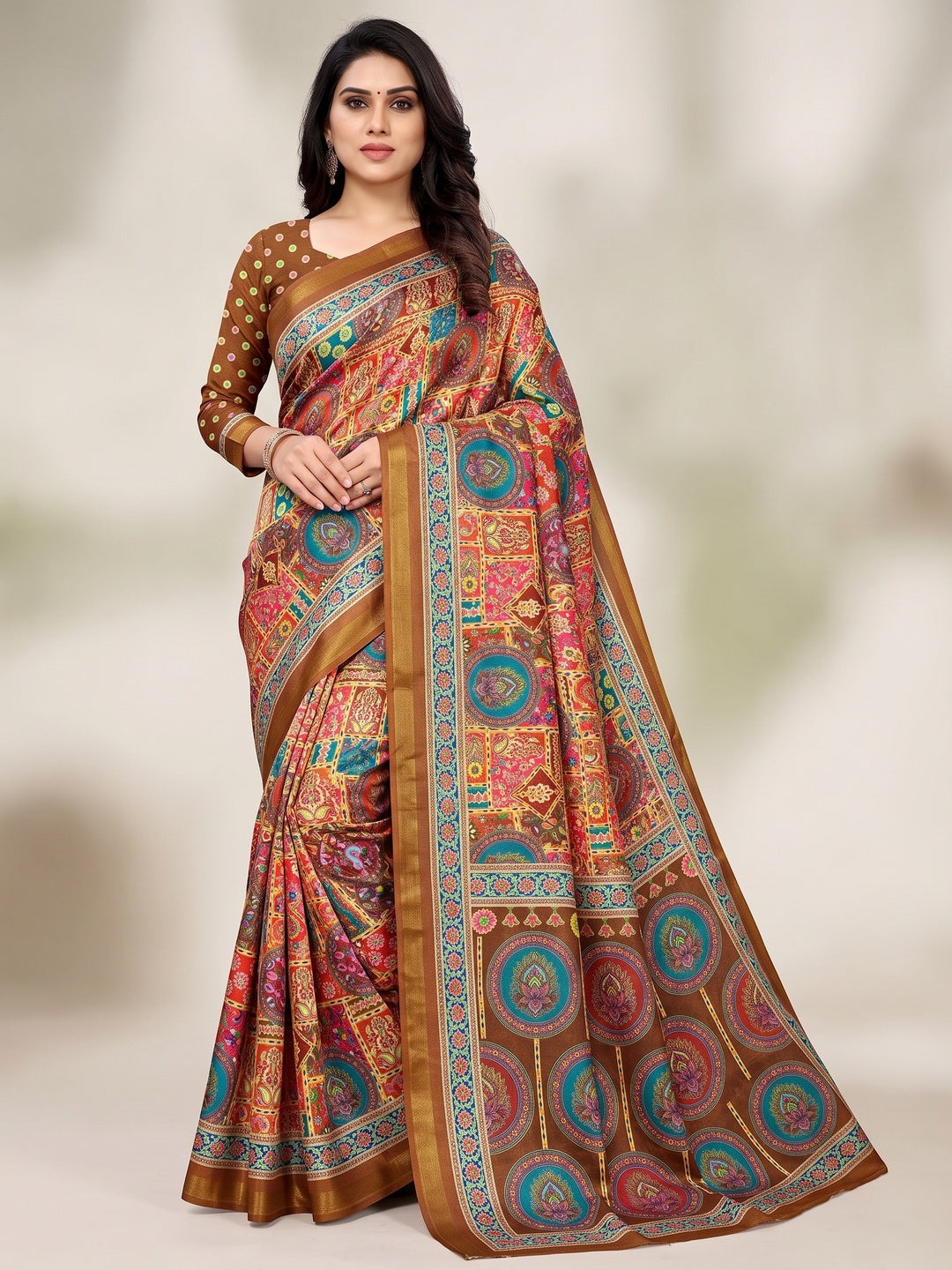 Peachmode Brown Position Printed Dola Silk Saree - Image 1