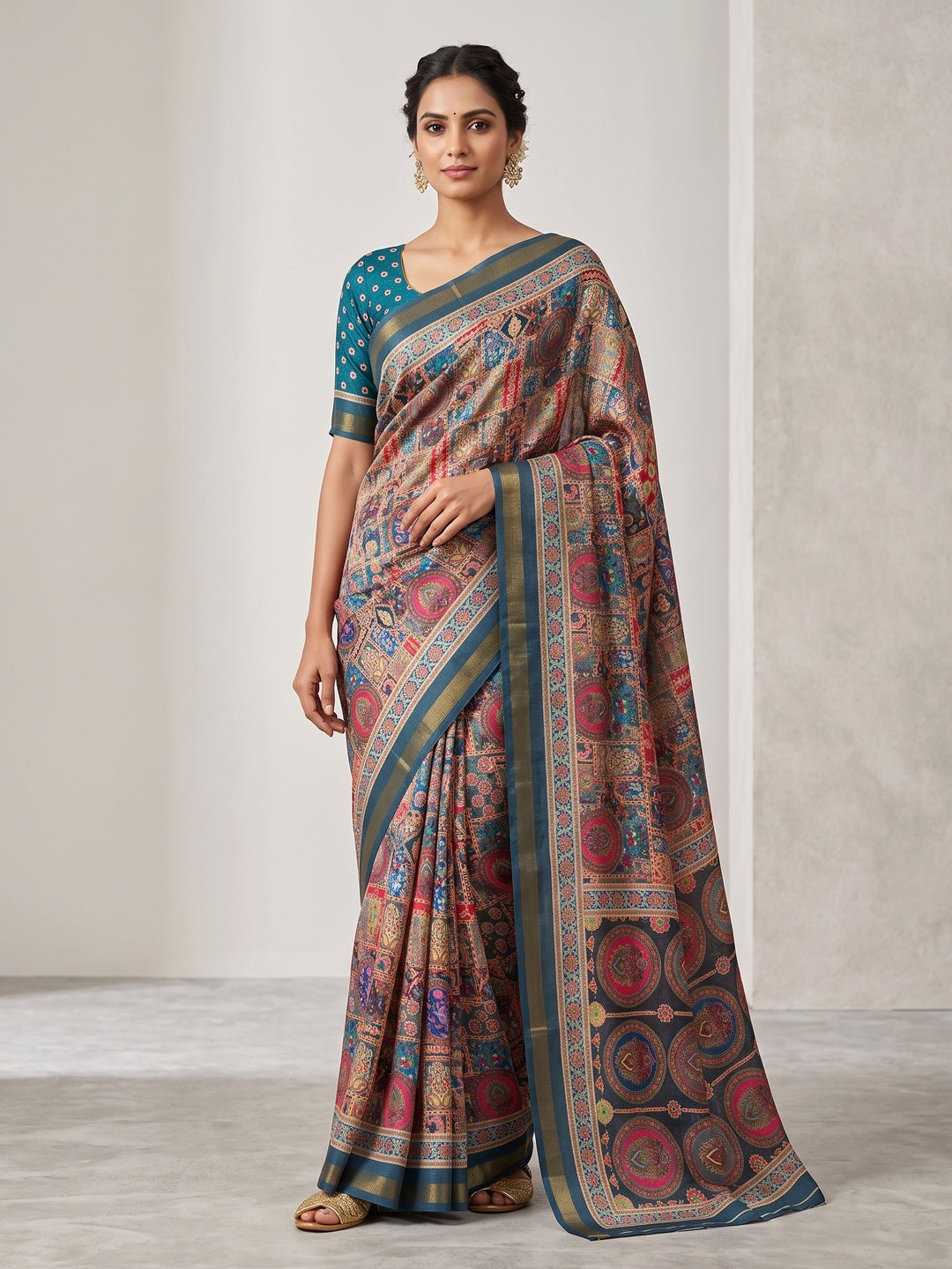 Peachmode Blue Position Printed Dola Silk Saree - Image 1