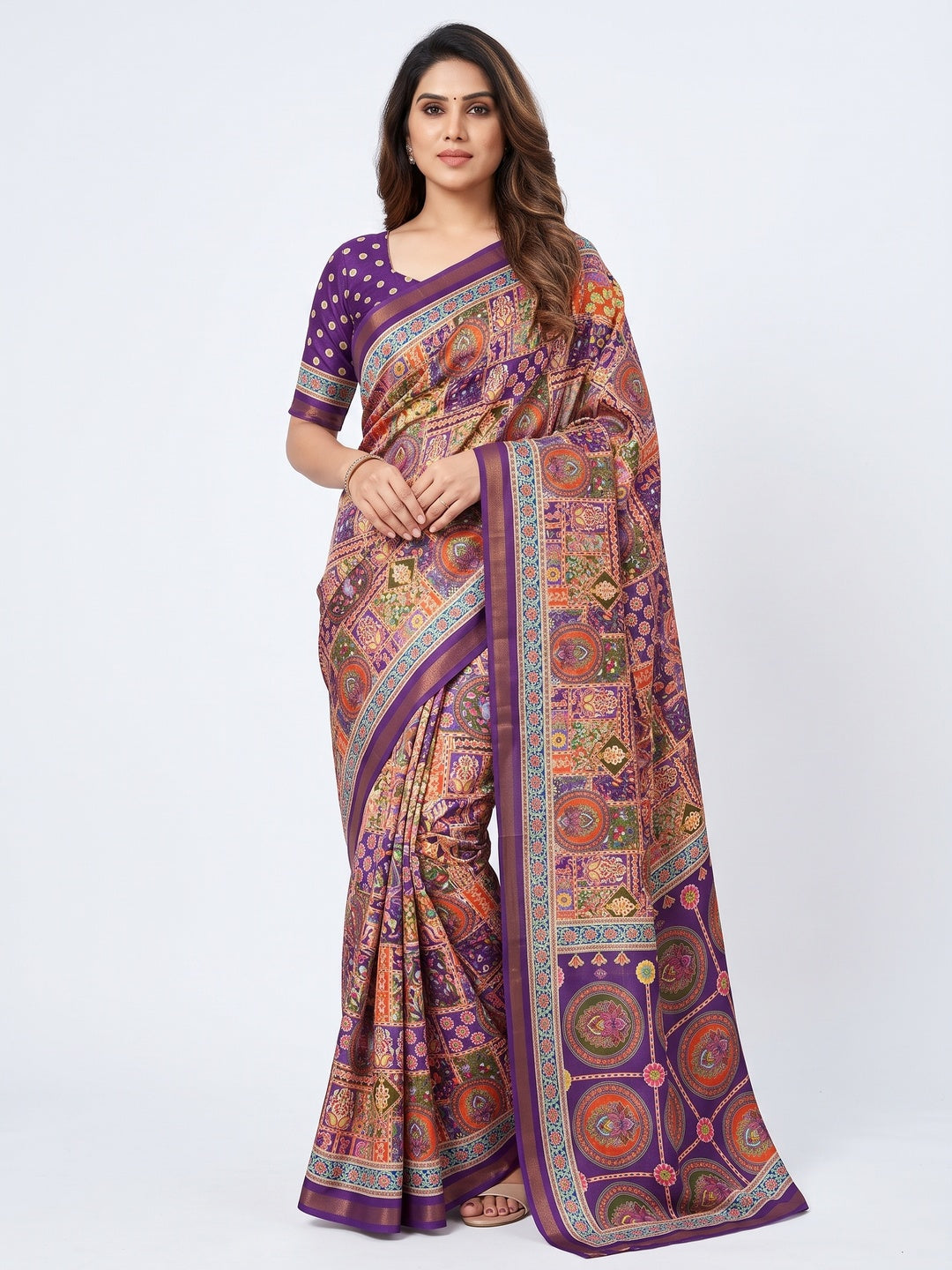 Peachmode Purple Position Printed Dola Silk Saree - Image 1