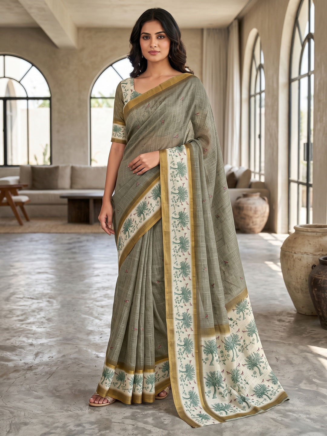 Peachmode Grey Floral Printed Linen Blend Saree - Image 1