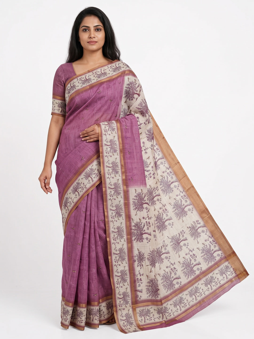 Peachmode Purple Floral Printed Linen Blend Saree - Image 1