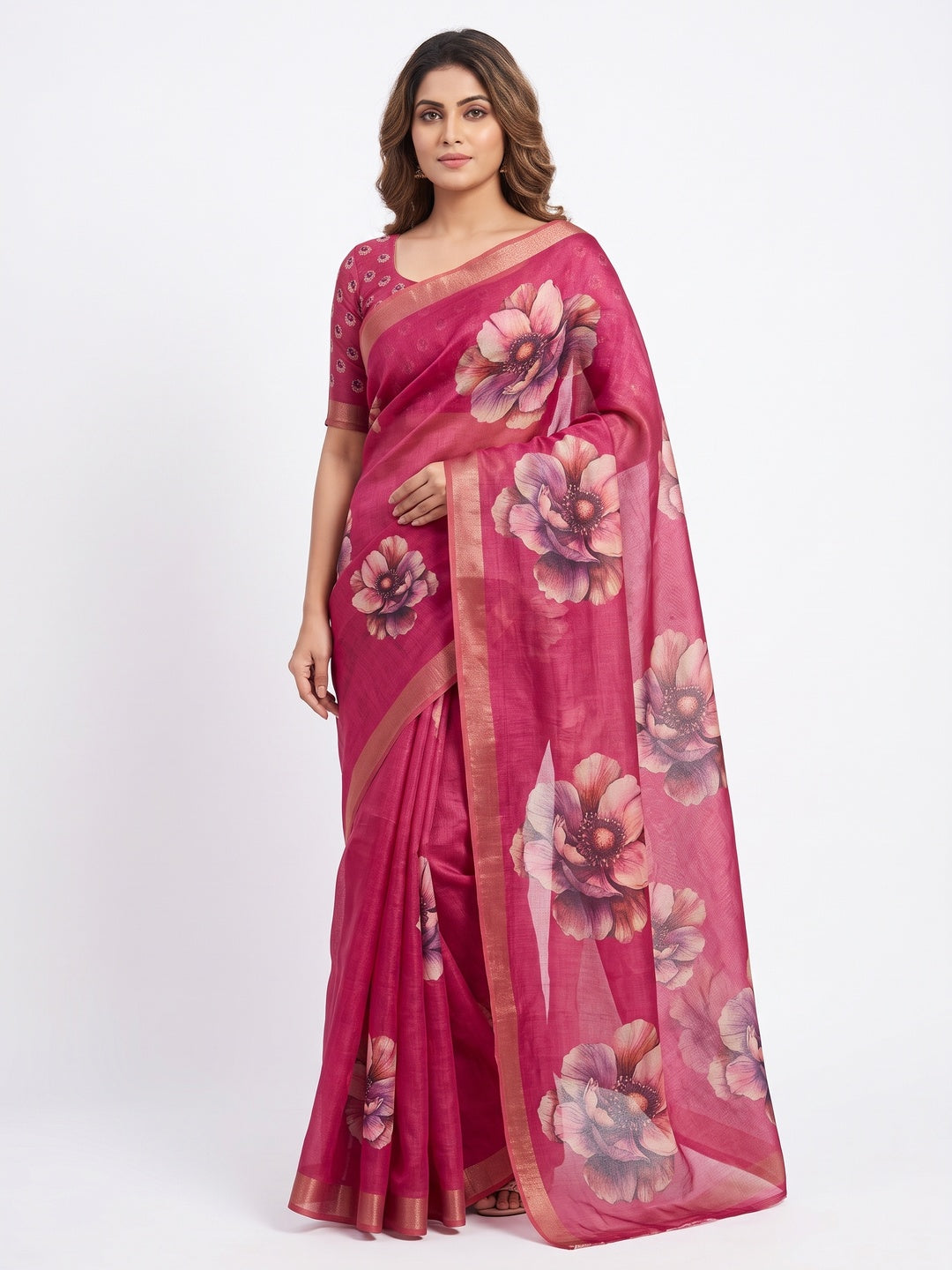 Peachmode Magenta Floral Printed Art Silk Saree - Image 1