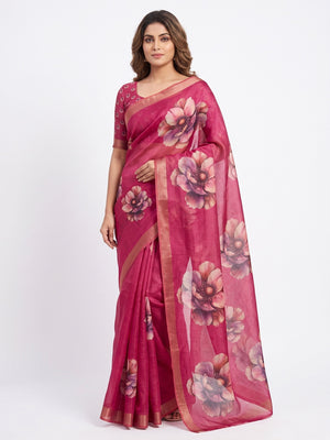 Peachmode Magenta Floral Printed Art Silk Saree - Image 1