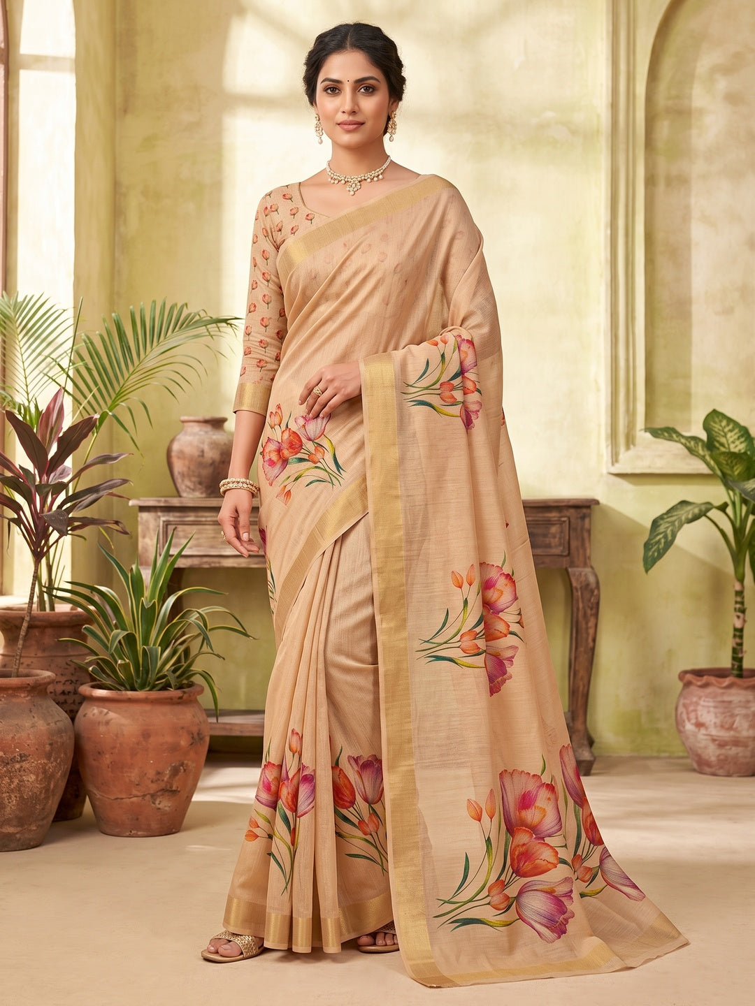 Peachmode Chikoo Watercolour Floral Printed Art Silk Saree - Image 1