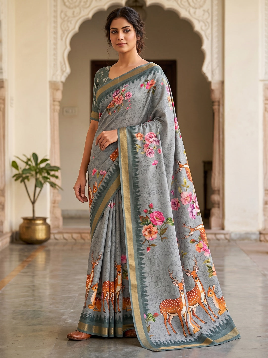 Peachmode Blue Deer Floral Printed Dola Silk Saree - Image 1