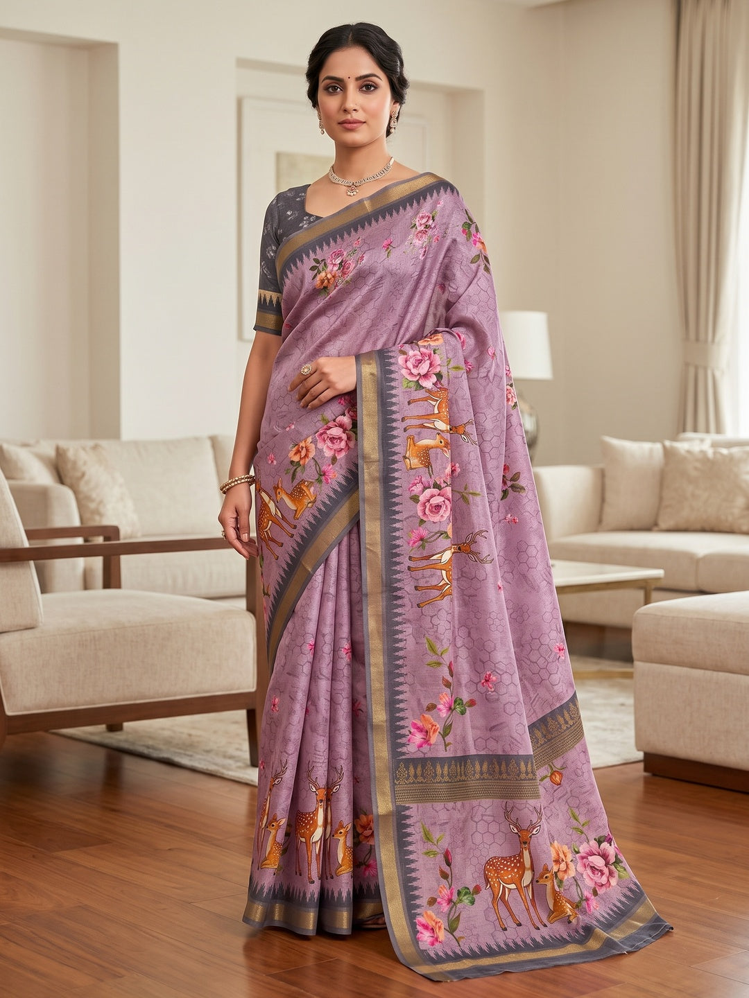 Peachmode Purple Deer Floral Printed Dola Silk Saree - Image 1