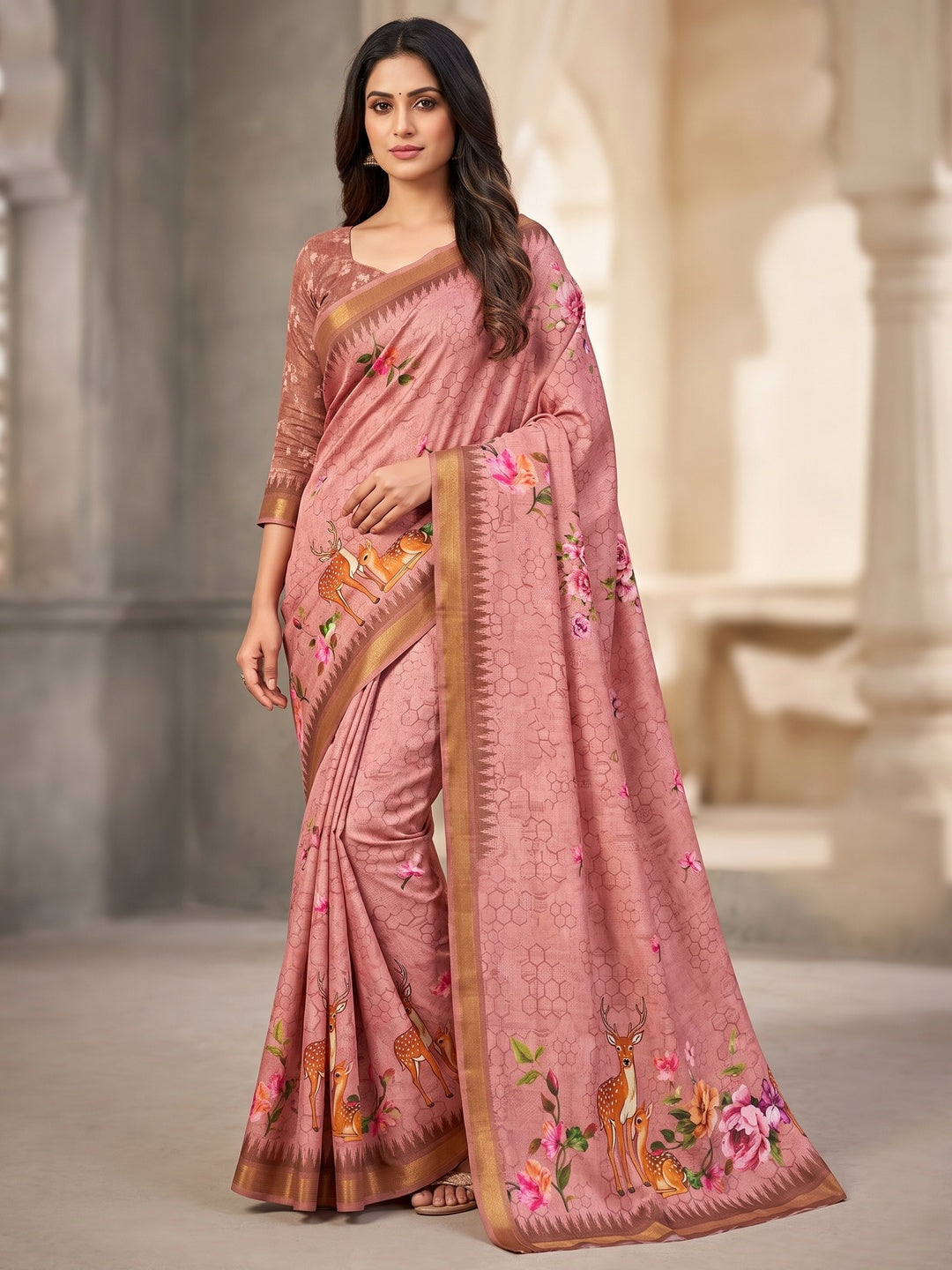 Peachmode Pink Deer Floral Printed Dola Silk Saree - Image 1