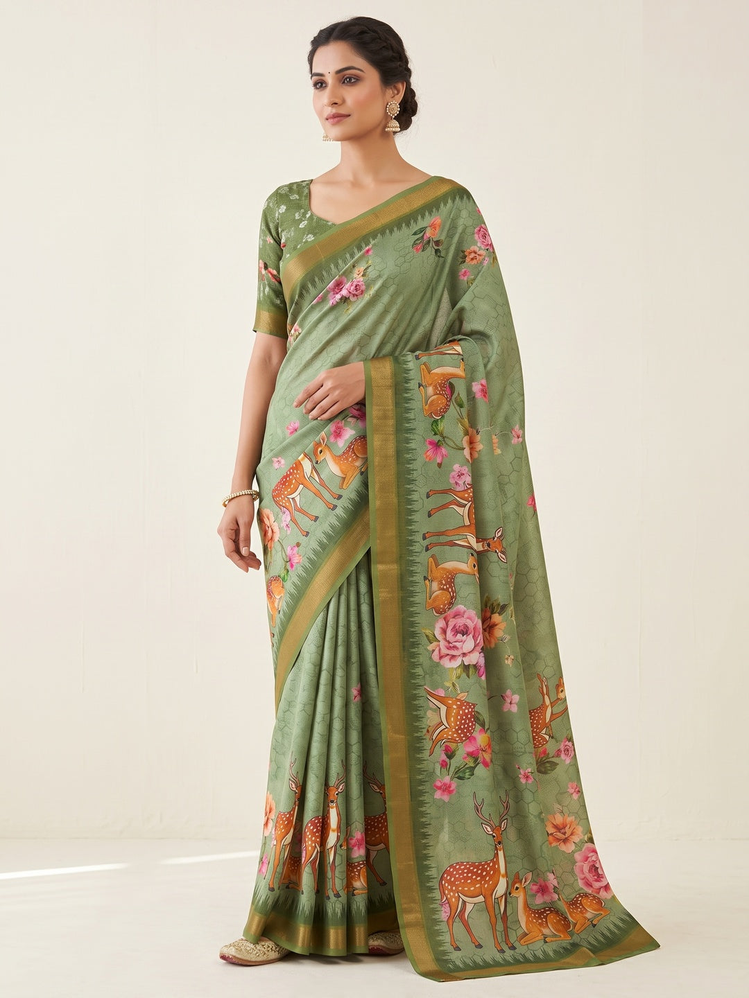 Peachmode Green Deer Floral Printed Dola Silk Saree - Image 1