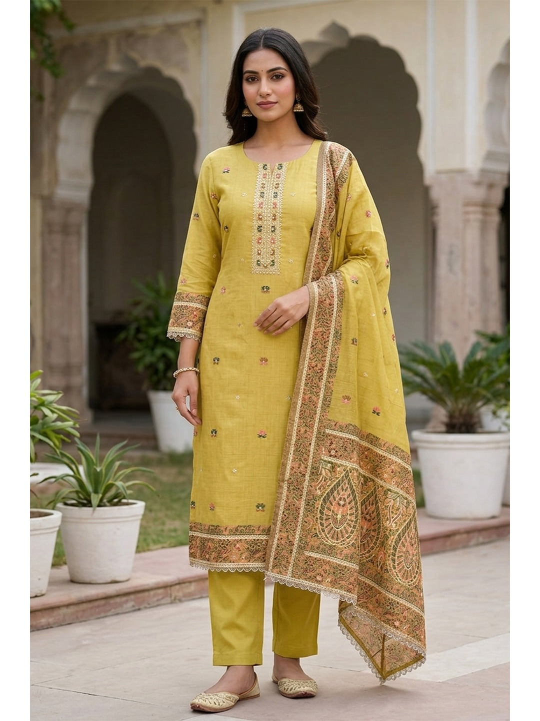 Peachmode Pure Banarasi Cotton Yellow Unstitched Dress Material - Image 1