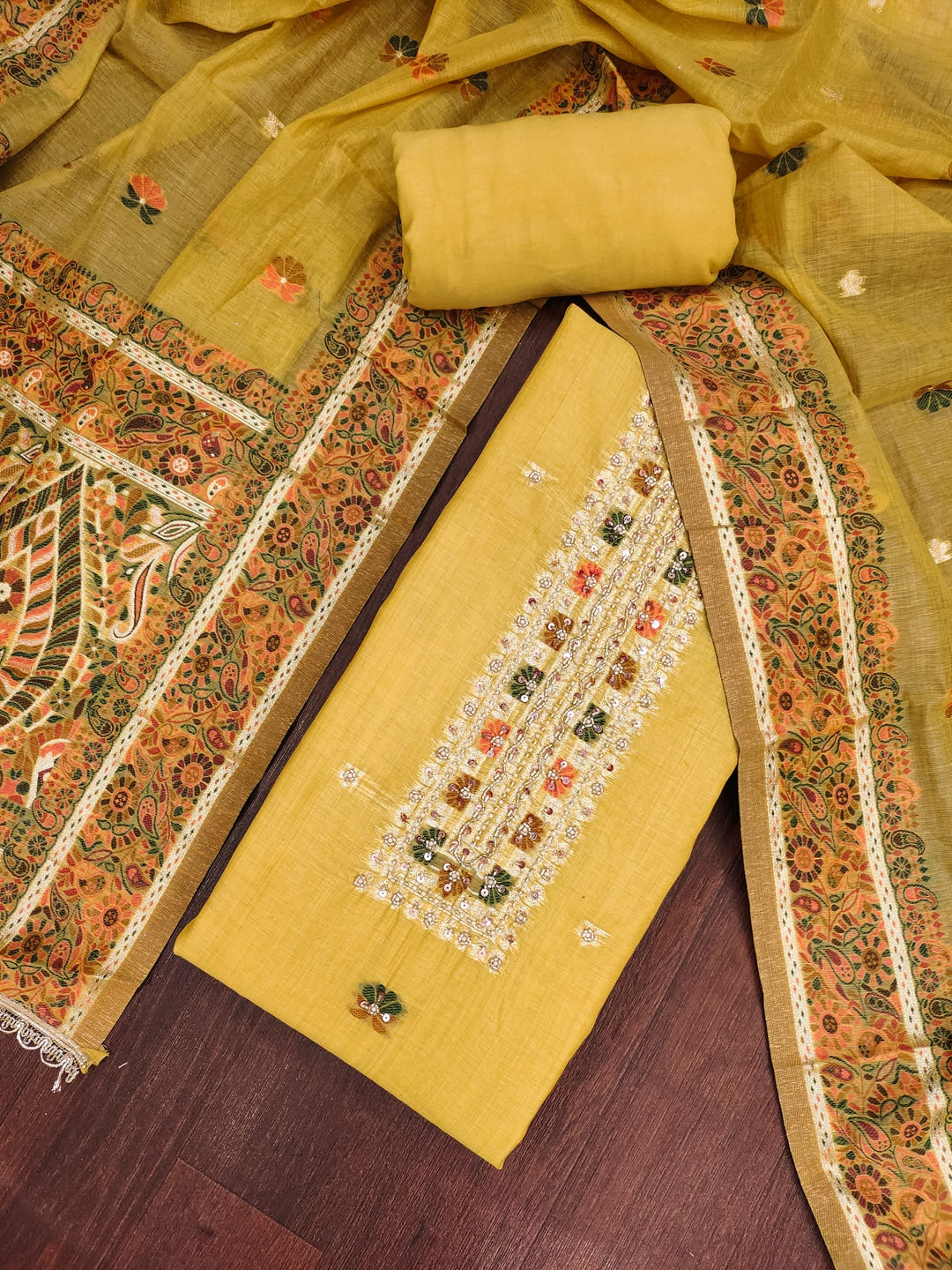 Peachmode Pure Banarasi Cotton Yellow Unstitched Dress Material - Image 3