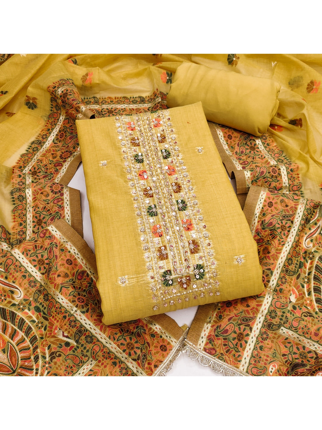 Peachmode Pure Banarasi Cotton Yellow Unstitched Dress Material - Image 4