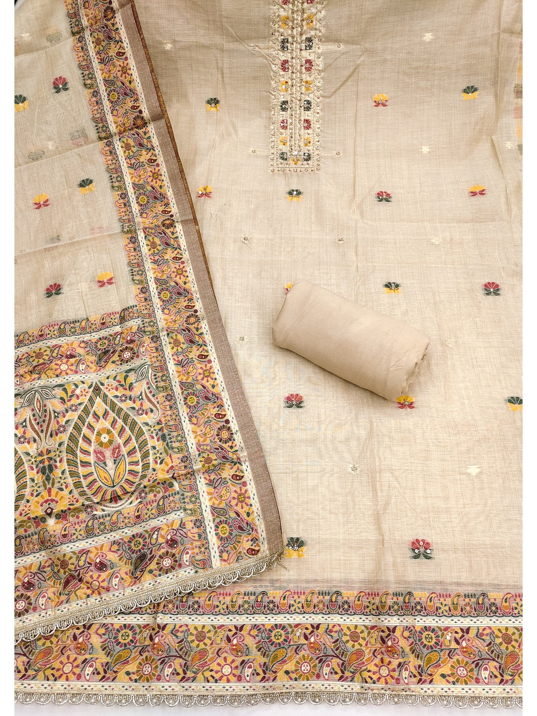 Peachmode Pure Banarasi Cotton Chikoo Unstitched Dress Material - Image 2