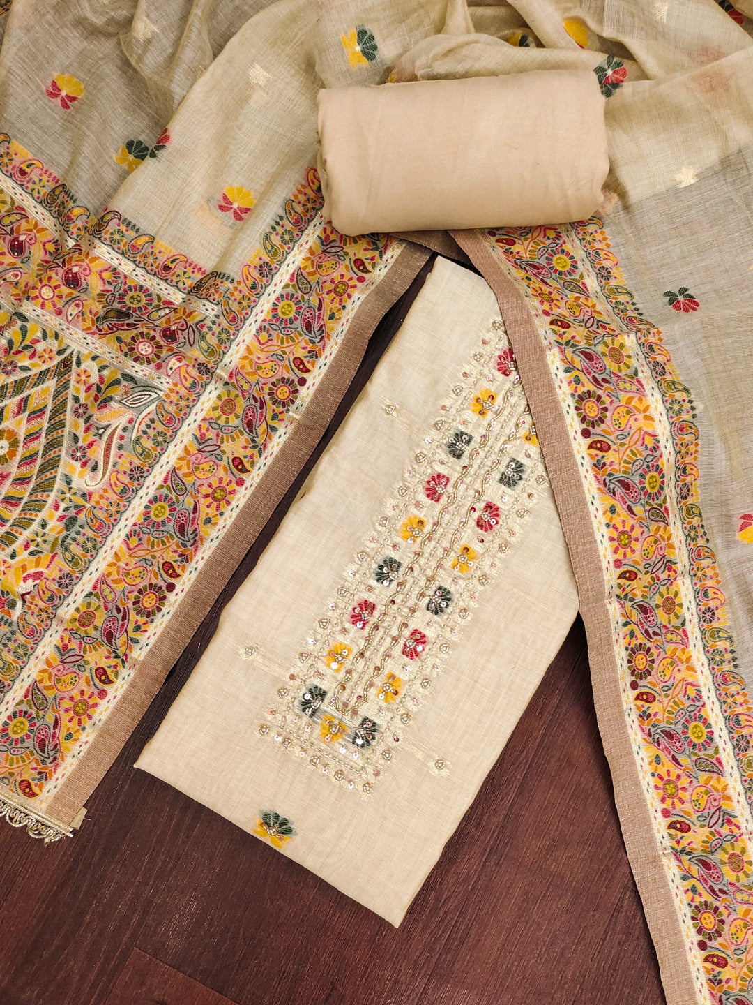 Peachmode Pure Banarasi Cotton Chikoo Unstitched Dress Material - Image 3