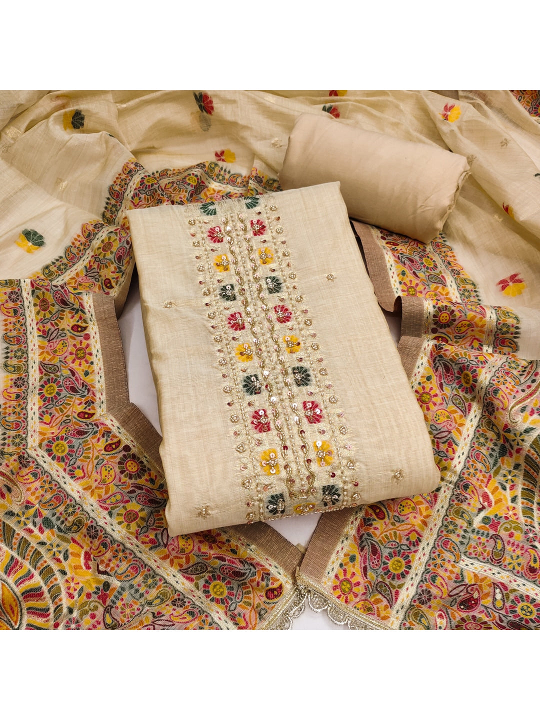 Peachmode Pure Banarasi Cotton Chikoo Unstitched Dress Material - Image 4